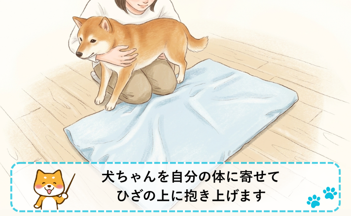 犬ちゃんを自分の体に寄せて、ひざの上に抱き上げる