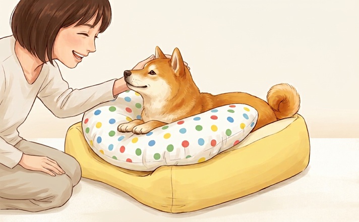U字クッションでくつろぐ柴犬と、愛犬の頭をなでる飼い主様