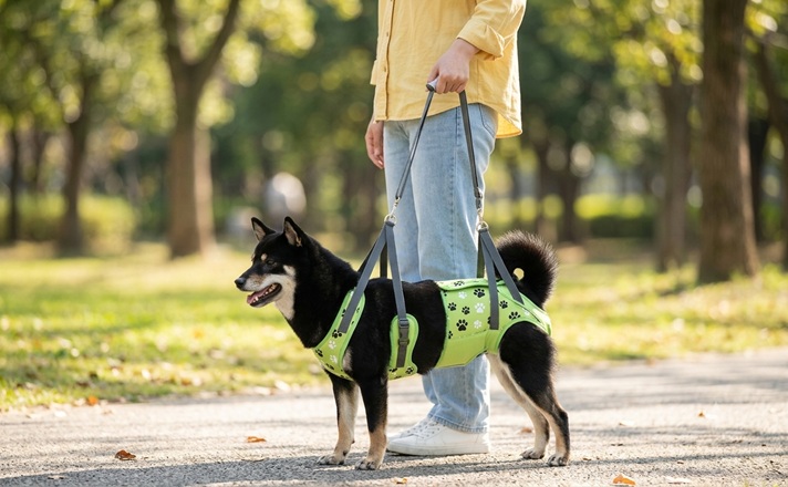 歩行補助ハーネスをつけてもらってお散歩する柴犬