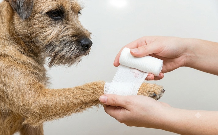 包帯を巻いてもらうテリア犬