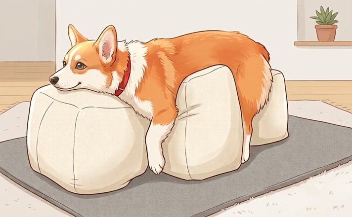 介護クッションで姿勢をサポートしてもらっているコーギー犬