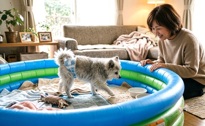 ビニールプールのペットサークル内を徘徊するポメラニアンと見守る飼い主様