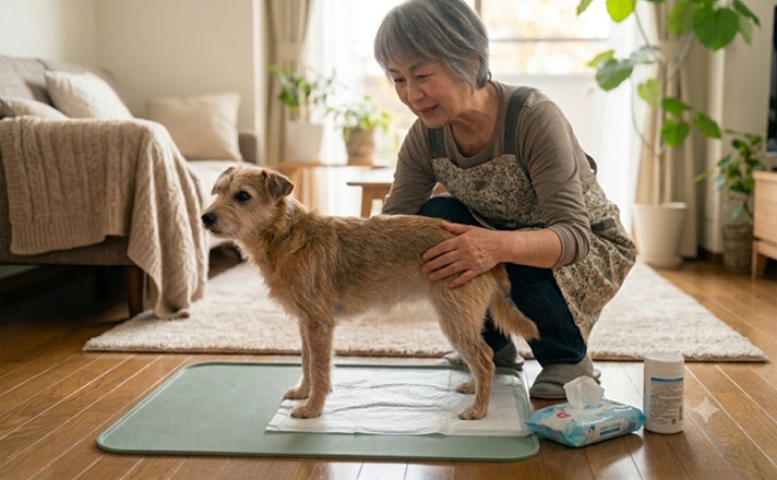 シニアのテリア犬の排泄介助をする女性
