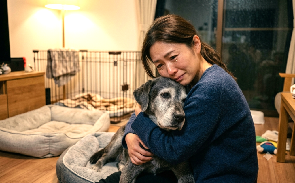 老犬を抱きしめながら涙する飼い主様