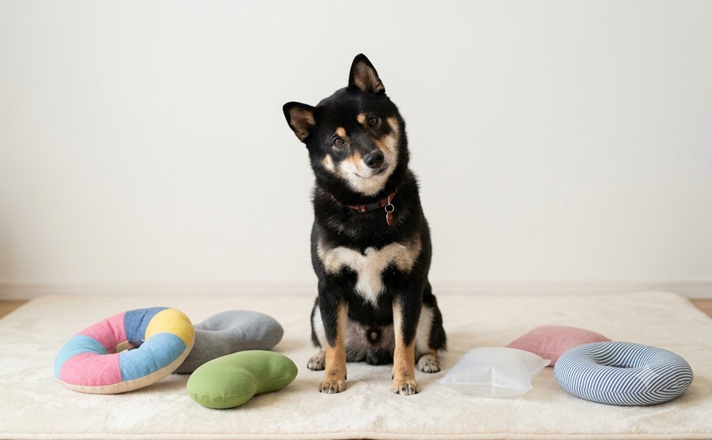 柴犬といろいろな形のクッション
