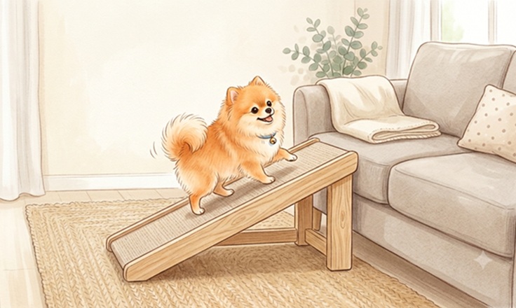 スロープを使ってソファに上がるポメラニアンのイラスト