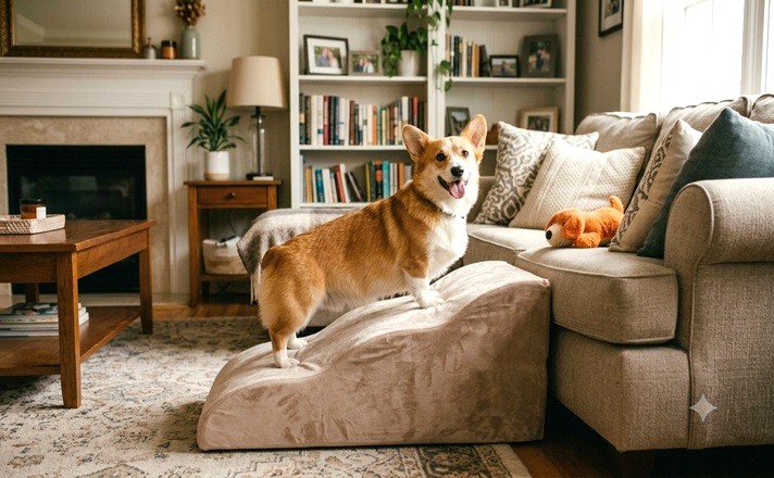 スロープを使ってソファにあがるコーギー犬