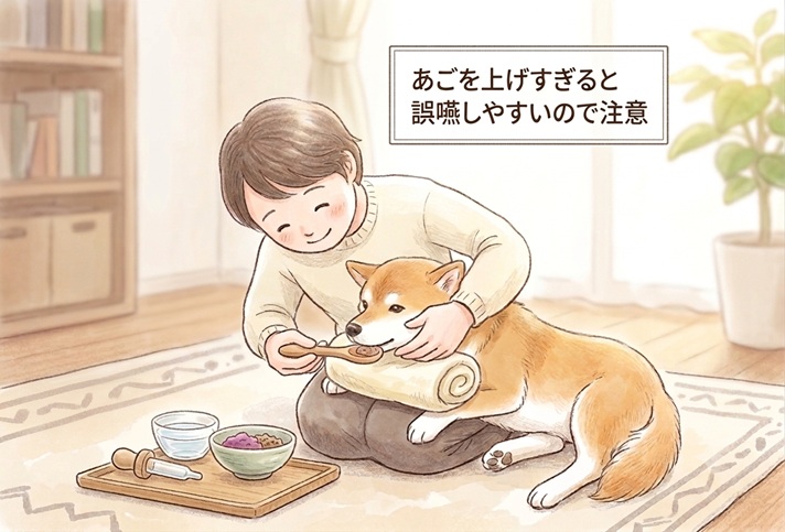愛犬の食事の介助をする飼い主様
