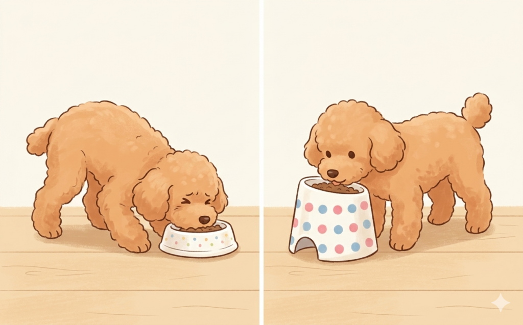 低い食器でご飯を食べる犬の図と高い食器でご飯を食べる犬の図