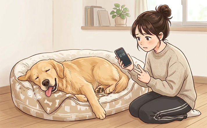 愛犬の呼吸数を数える飼い主の女性