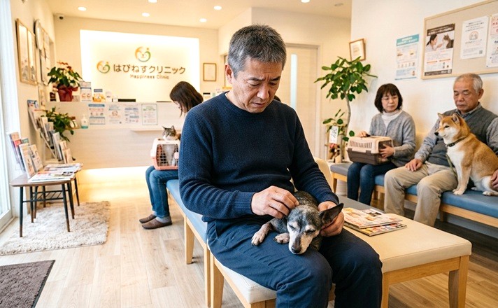 動物病院の待合室で愛犬のミニチュアピンシャーを撫でる男性