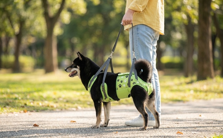 歩行補助ハーネスをつけて支えてもらう柴犬
