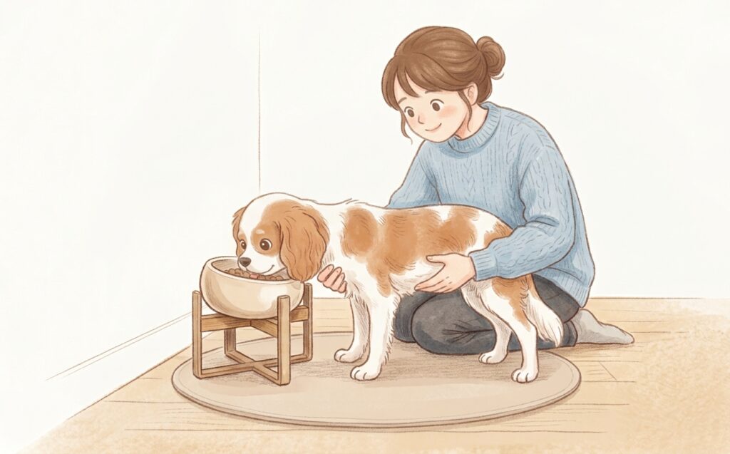 飼い主様に支えられながらご飯を食べるキャバリア犬