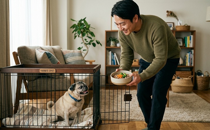 シニアのパグ犬にご飯を持ってくる男性