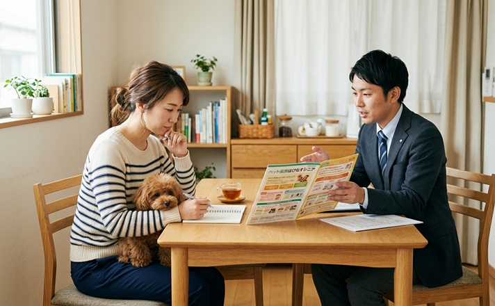 ペット保険の説明を受ける女性とポメプー
