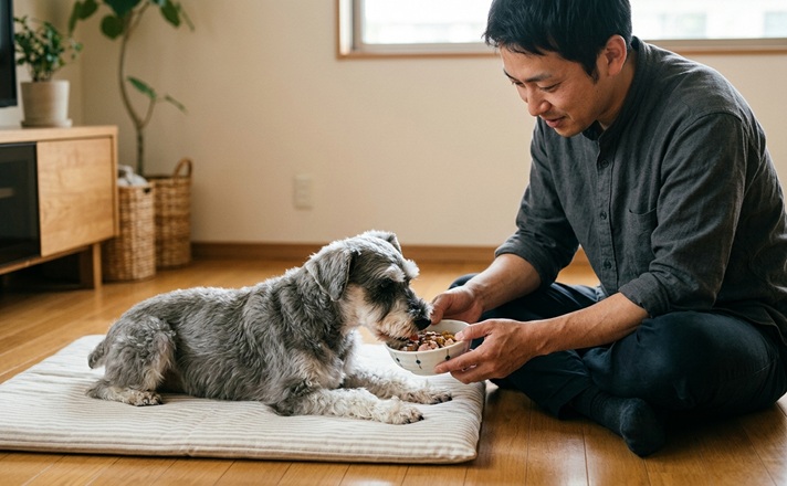 ミニチュアシュナウザーの口元に食器を持っていく男性