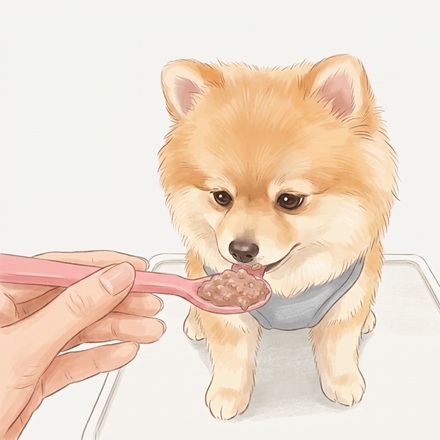 スプーンでご飯をもらうポメラニアン